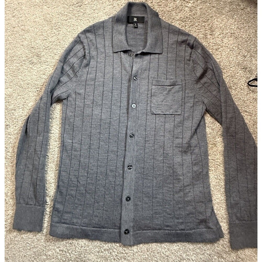 Banana Republic Merino Wool Cardigan Mens M Gray Ribbed Button Front Sweater